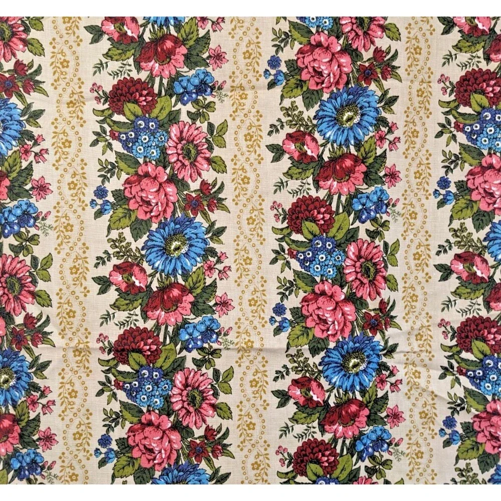 Vintage Mid-Century Floral Stripe Fabric Remnant 46